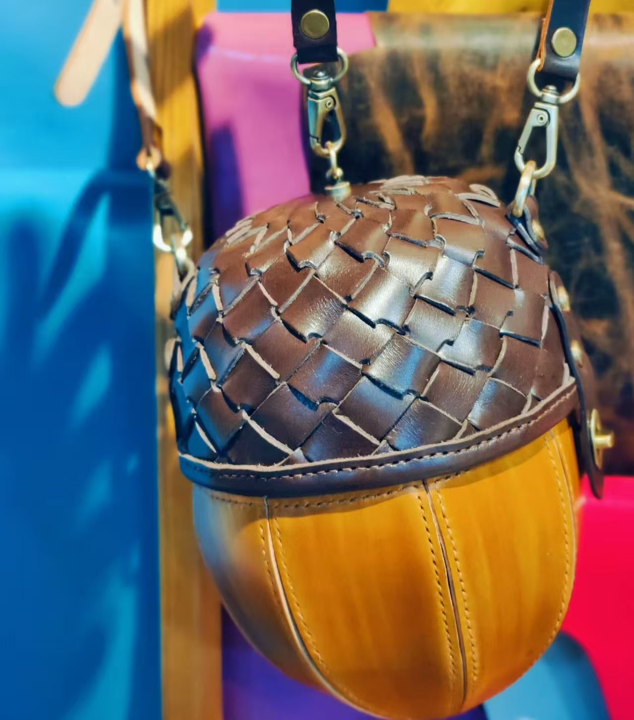 Handmade leather acorn crossbody bag