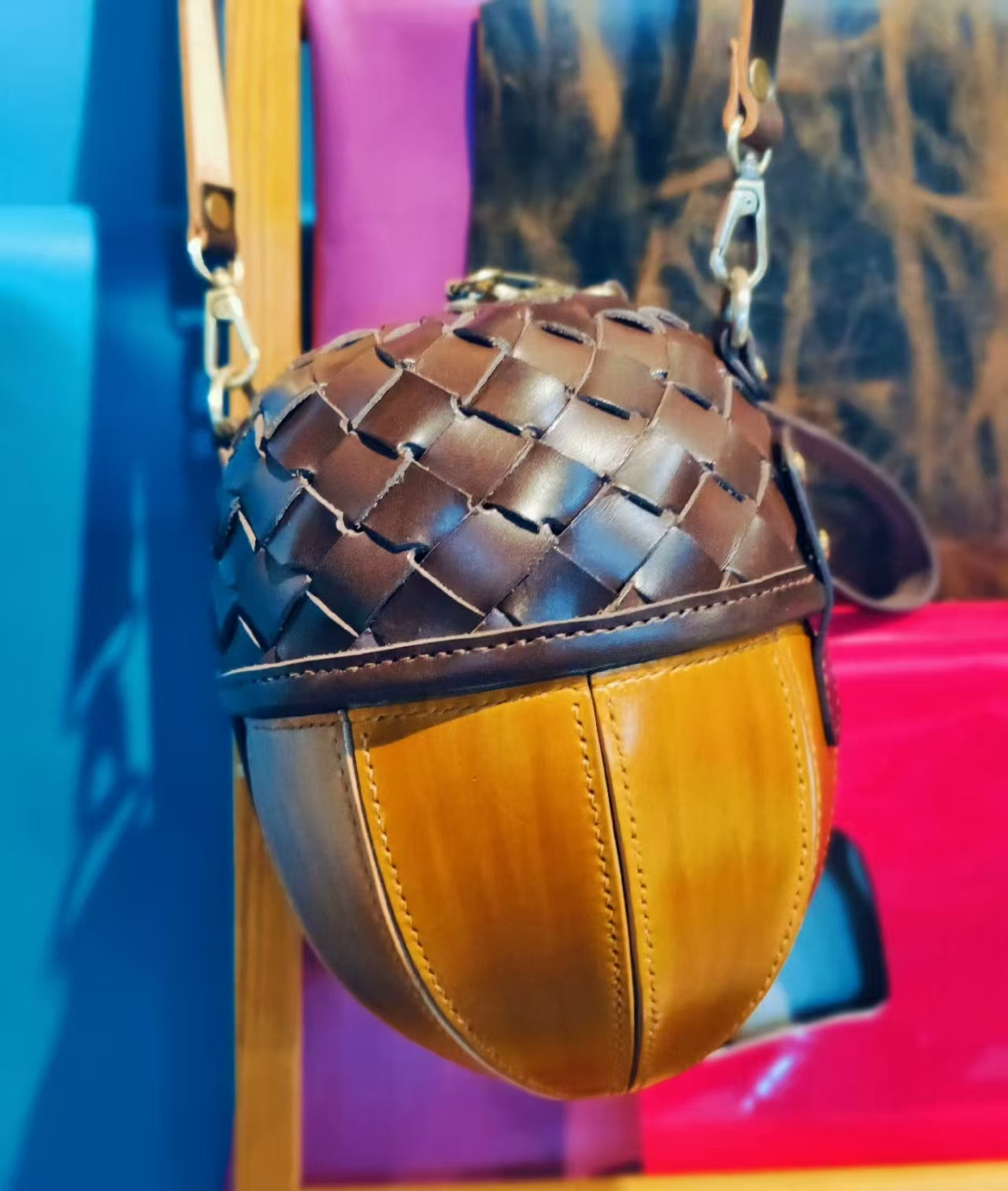 Handmade leather acorn crossbody bag