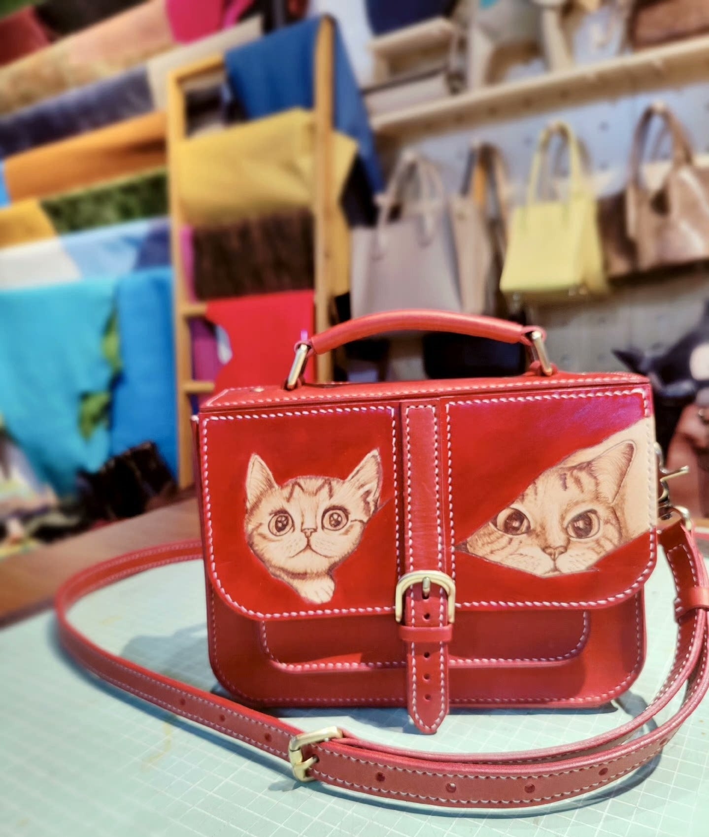 Handmade leather pyrography cat pattern bag
