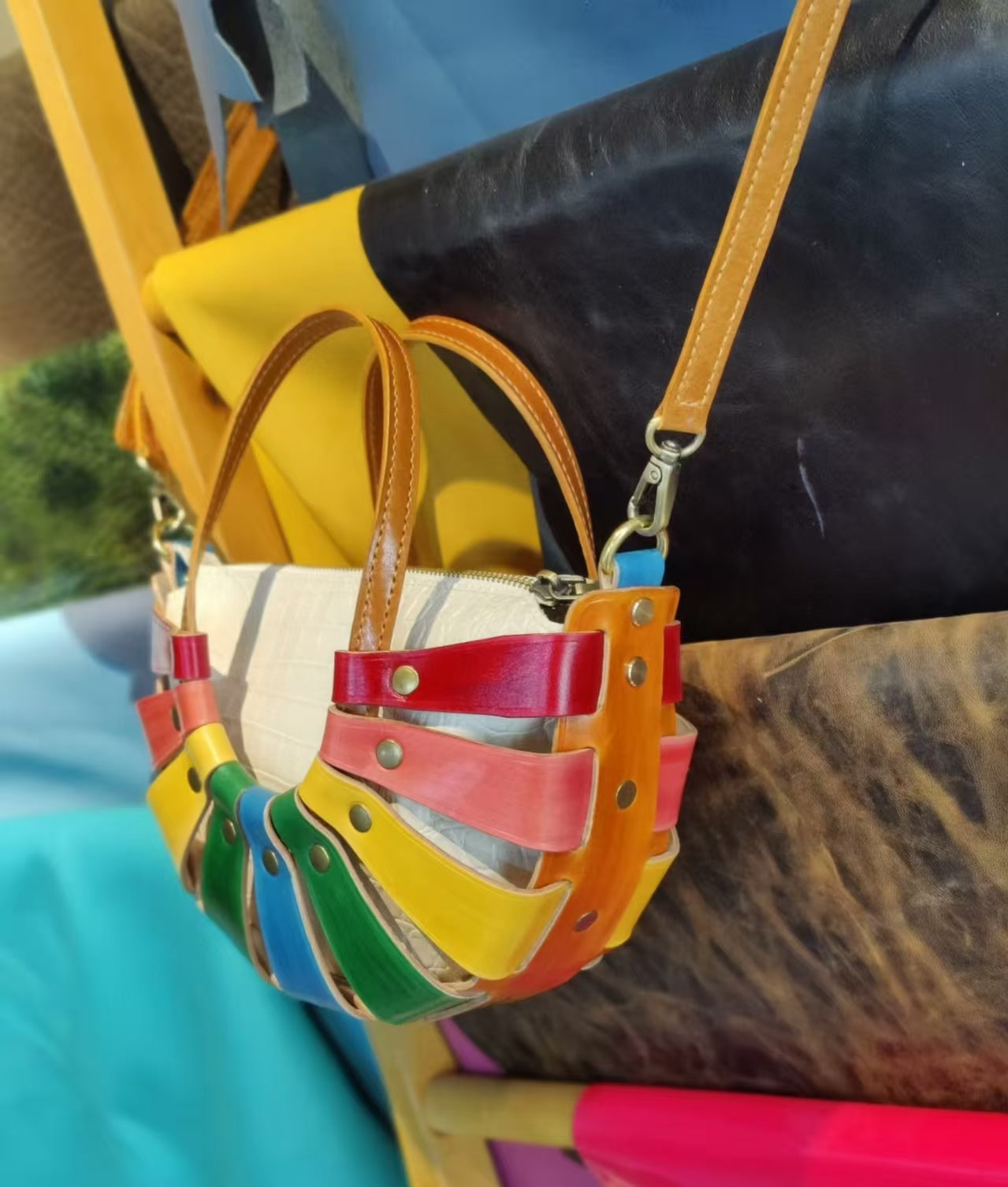 Handmade Leather Colorful Basket Crossbody Bag