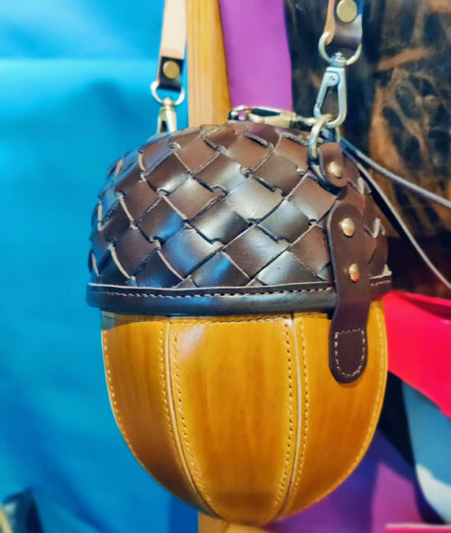 Handmade leather acorn crossbody bag