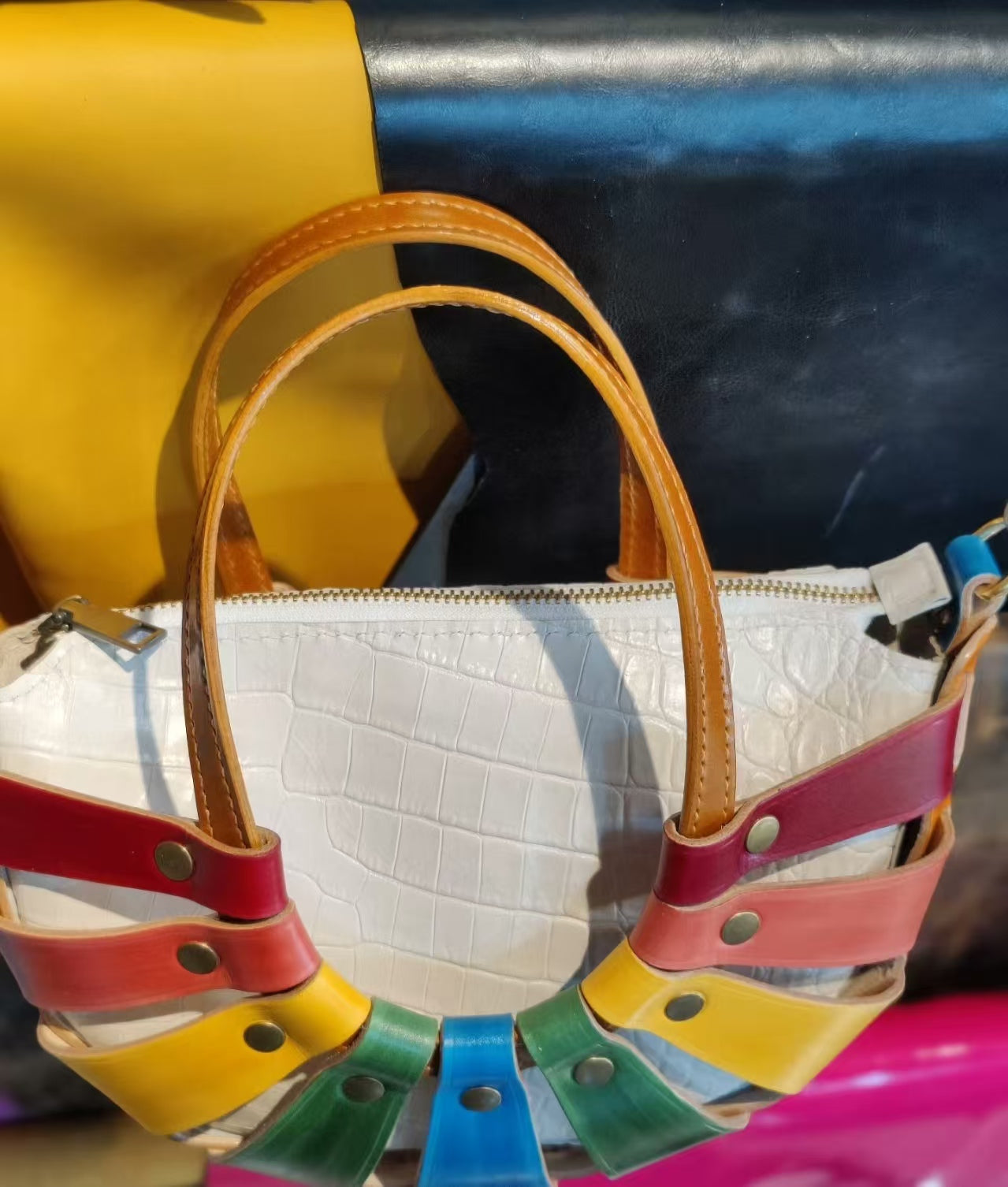 Handmade Leather Colorful Basket Crossbody Bag