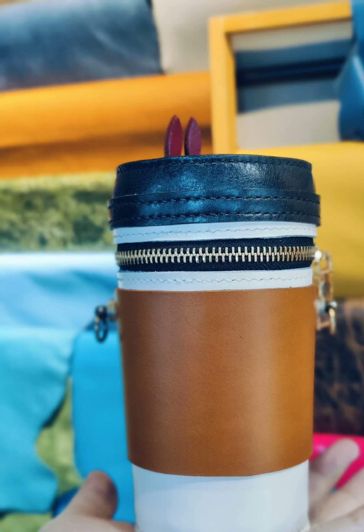 Handmade genuine leather coffee cup creative bag