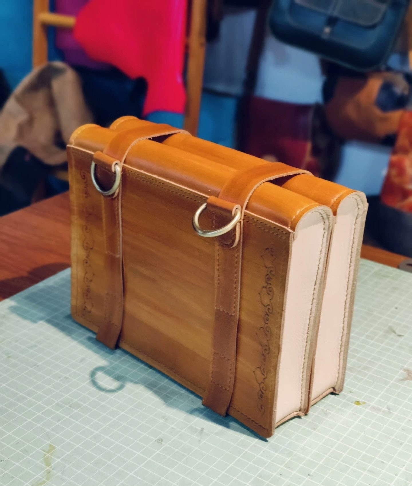 Handmade leather book-shaped crossbody bag