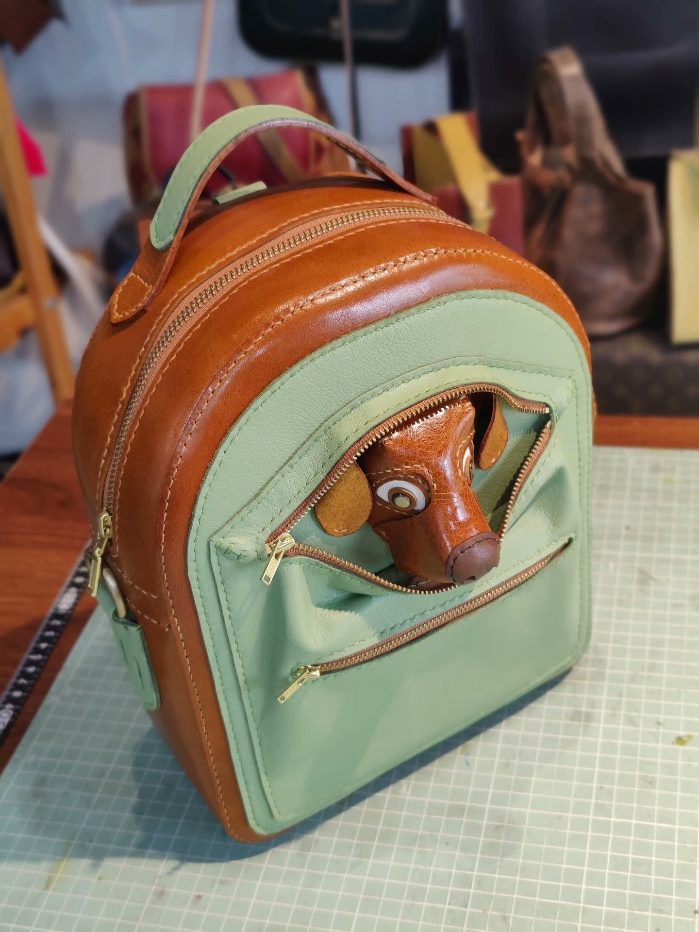 Handmade genuine leather dog backpack