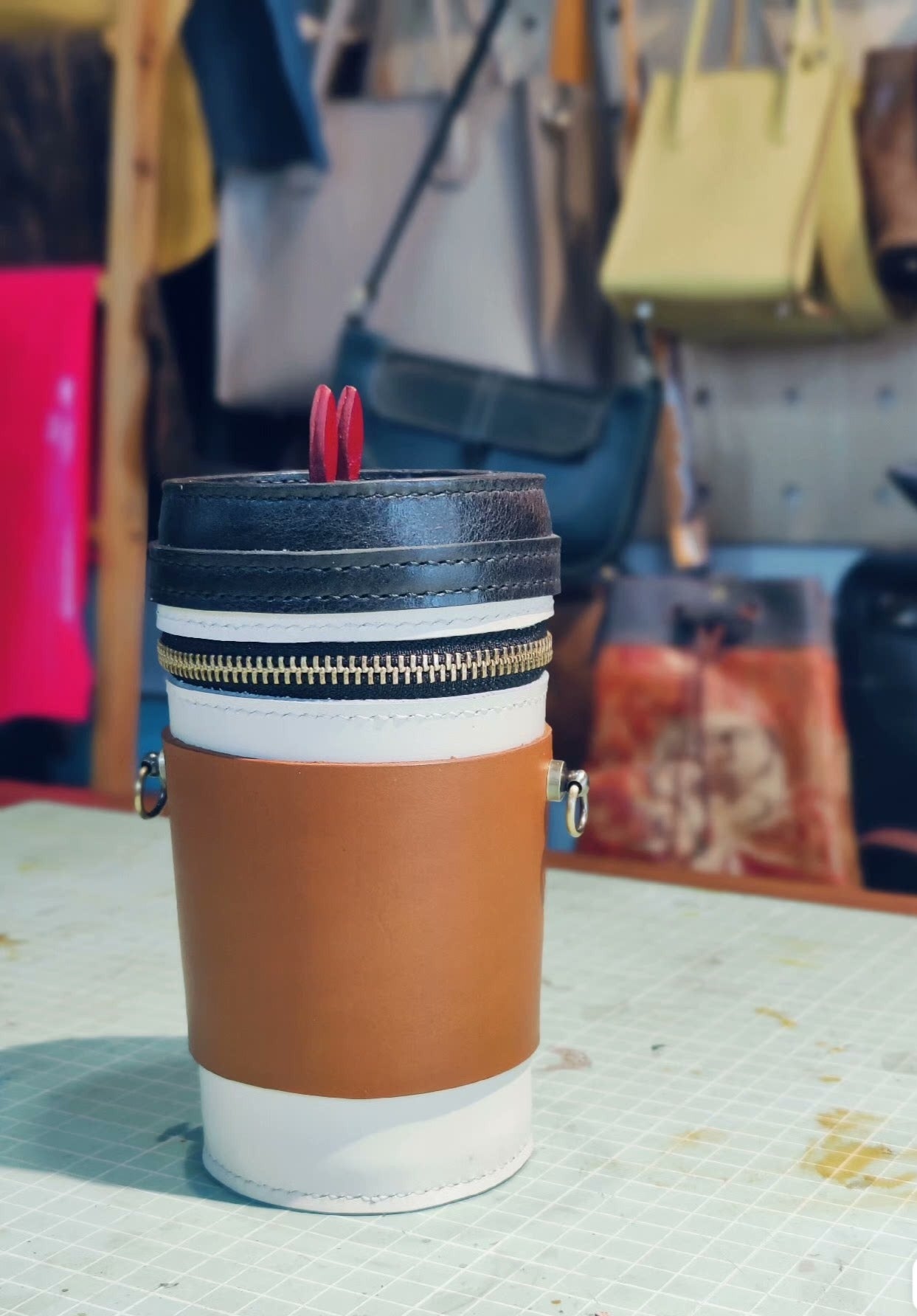 Handmade genuine leather coffee cup creative bag