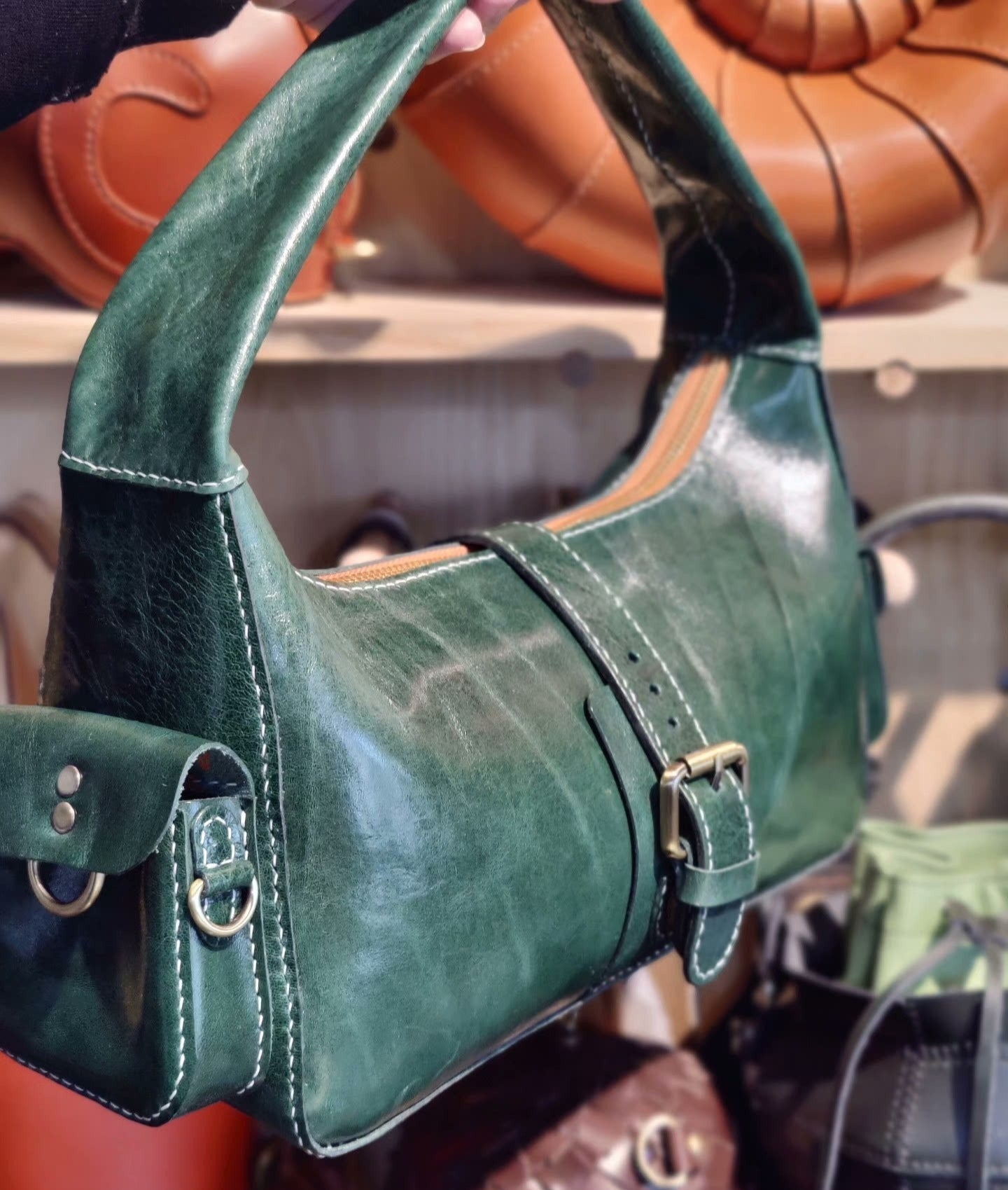 Handmade leather emerald underarm bag