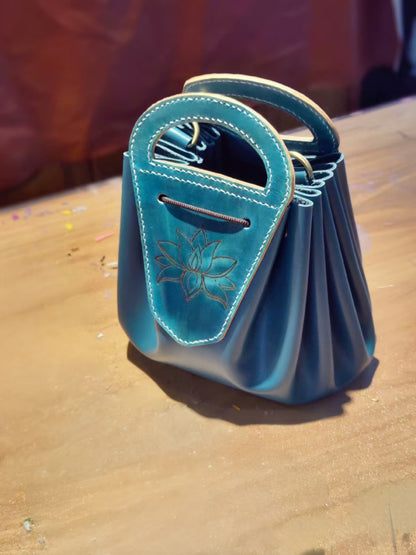 Handmade leather lotus pattern drawstring tote shoulder bag