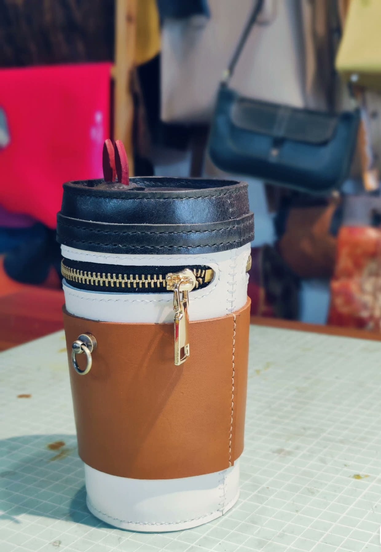Handmade genuine leather coffee cup creative bag
