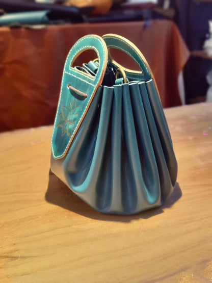 Handmade leather lotus pattern drawstring tote shoulder bag