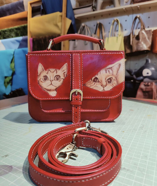 Handmade leather pyrography cat pattern bag