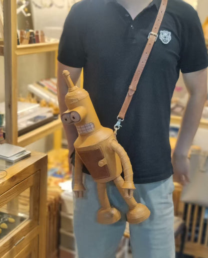 Handmade leather robot shoulder bag