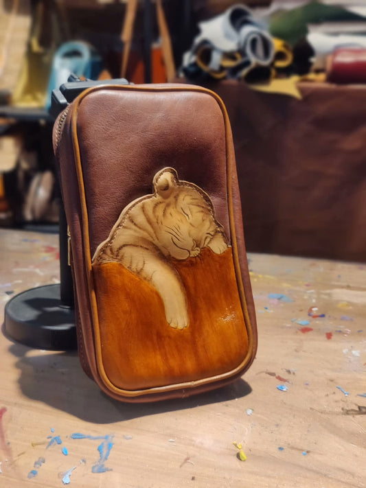 Handmade leather cute tiger chest bag