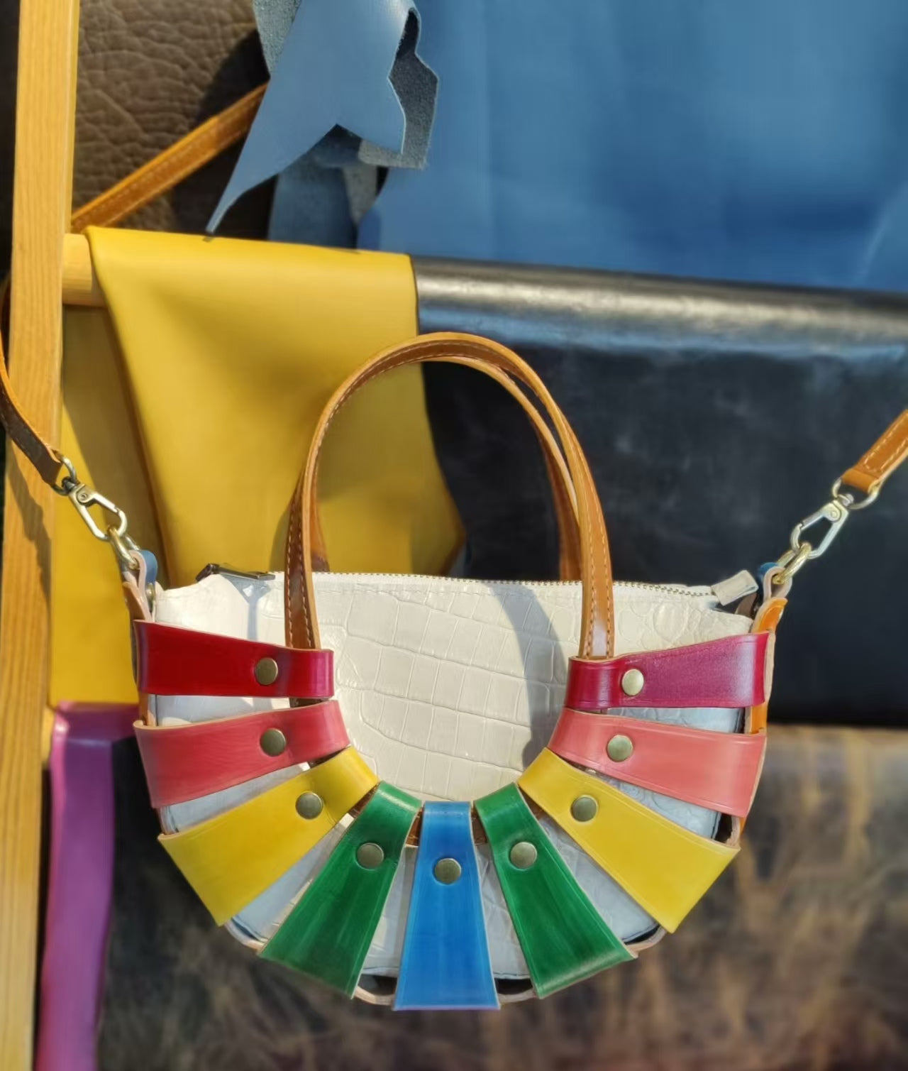 Handmade Leather Colorful Basket Crossbody Bag