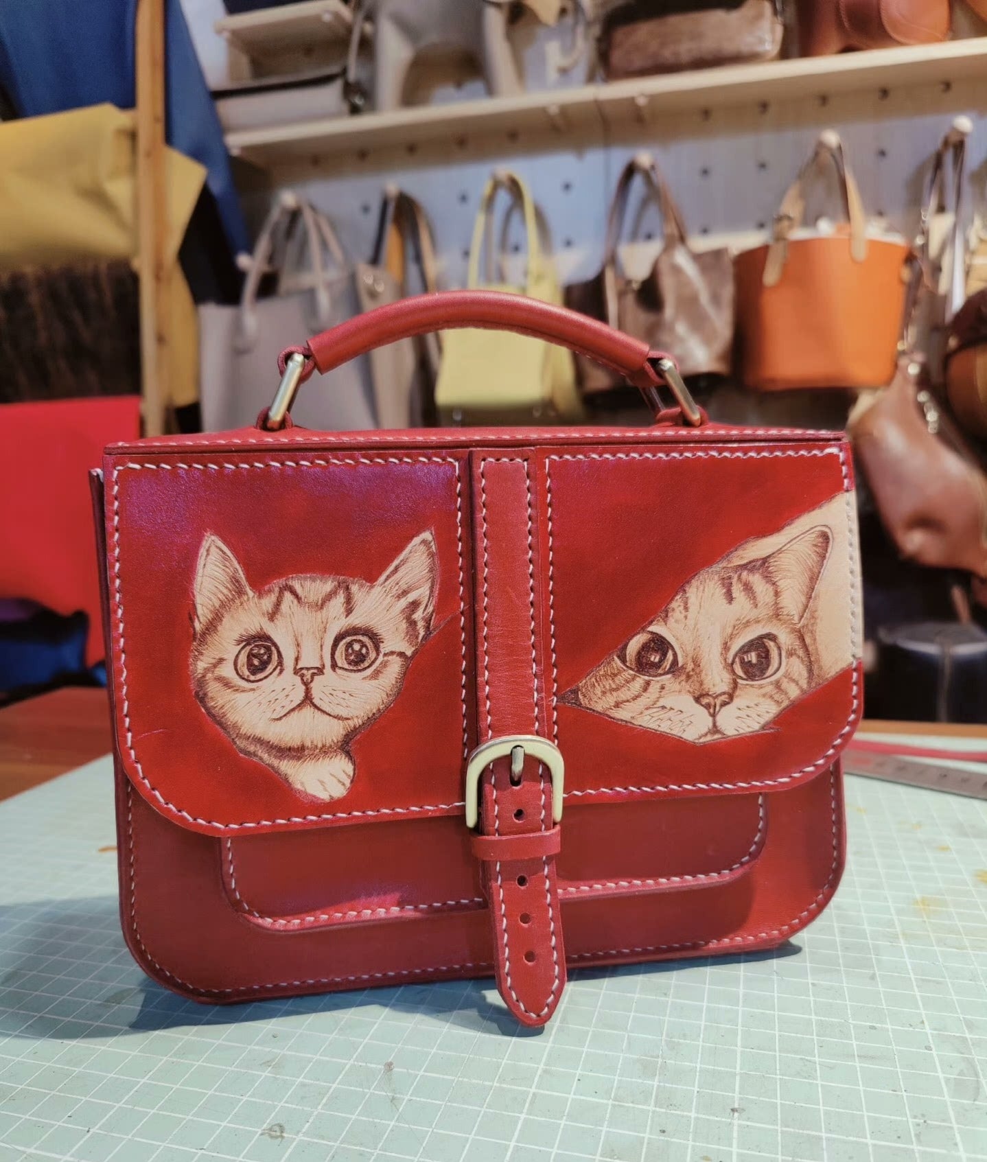 Handmade leather pyrography cat pattern bag