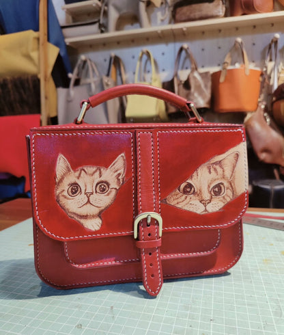 Handmade leather pyrography cat pattern bag
