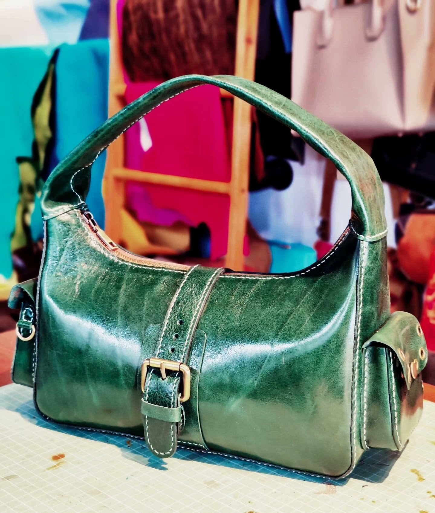 Handmade leather emerald underarm bag
