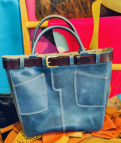 Handmade Leather Jeans Style Tote Bag