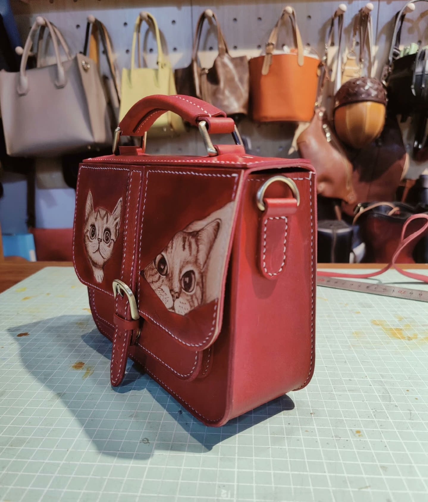 Handmade leather pyrography cat pattern bag