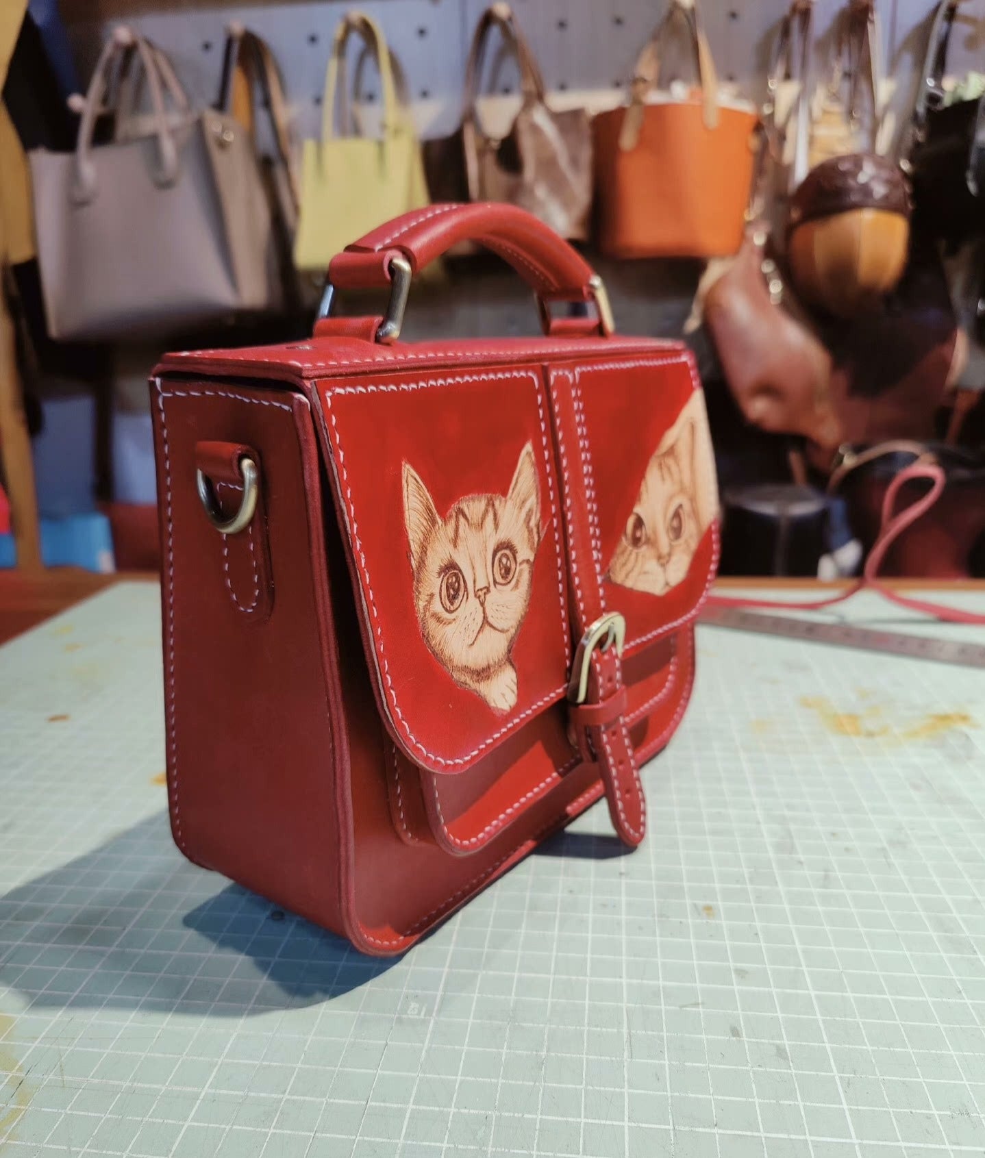 Handmade leather pyrography cat pattern bag