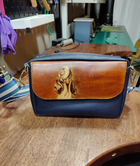 Handmade leather pyrography dog pattern bag