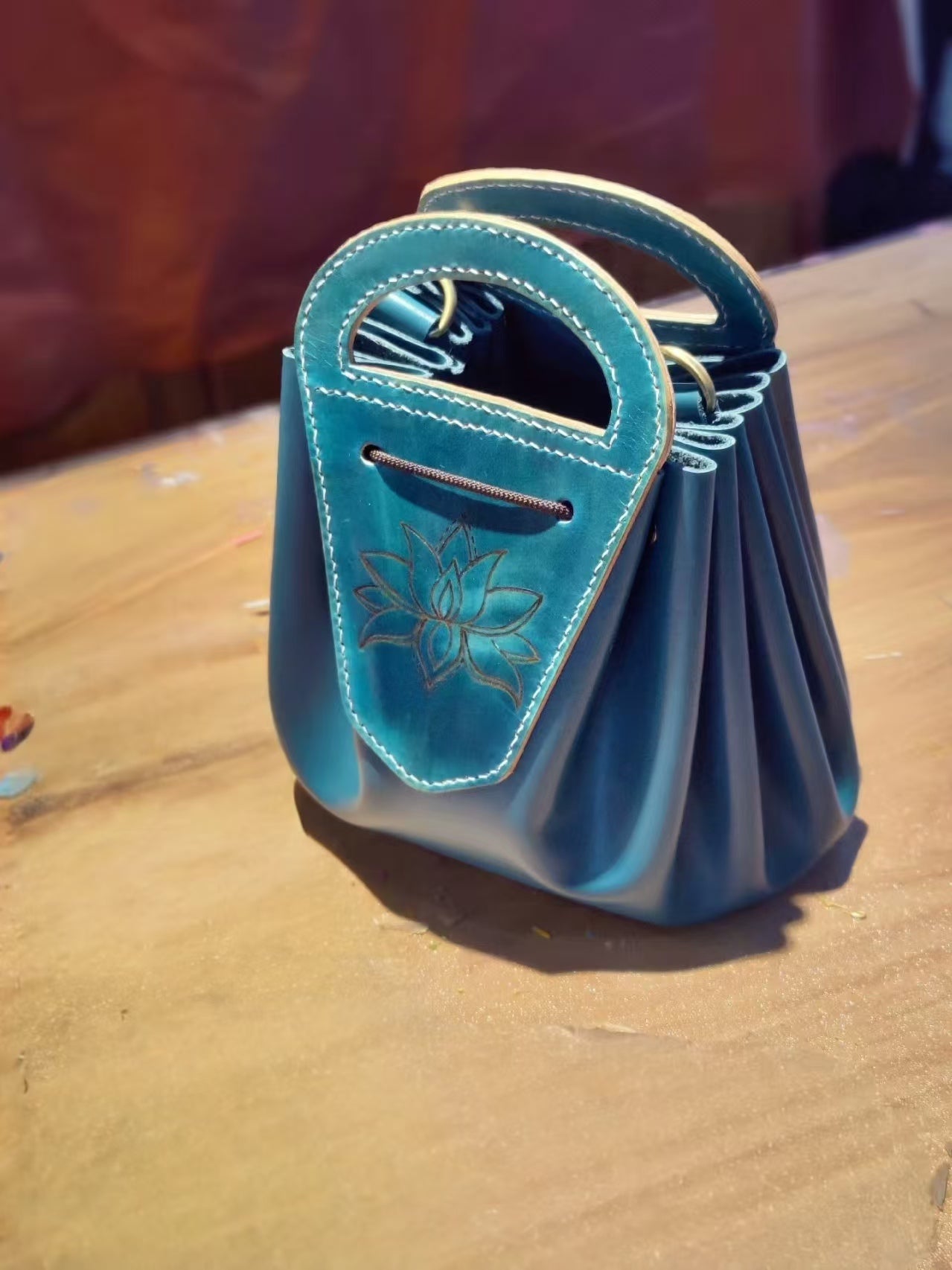 Handmade leather lotus pattern drawstring tote shoulder bag