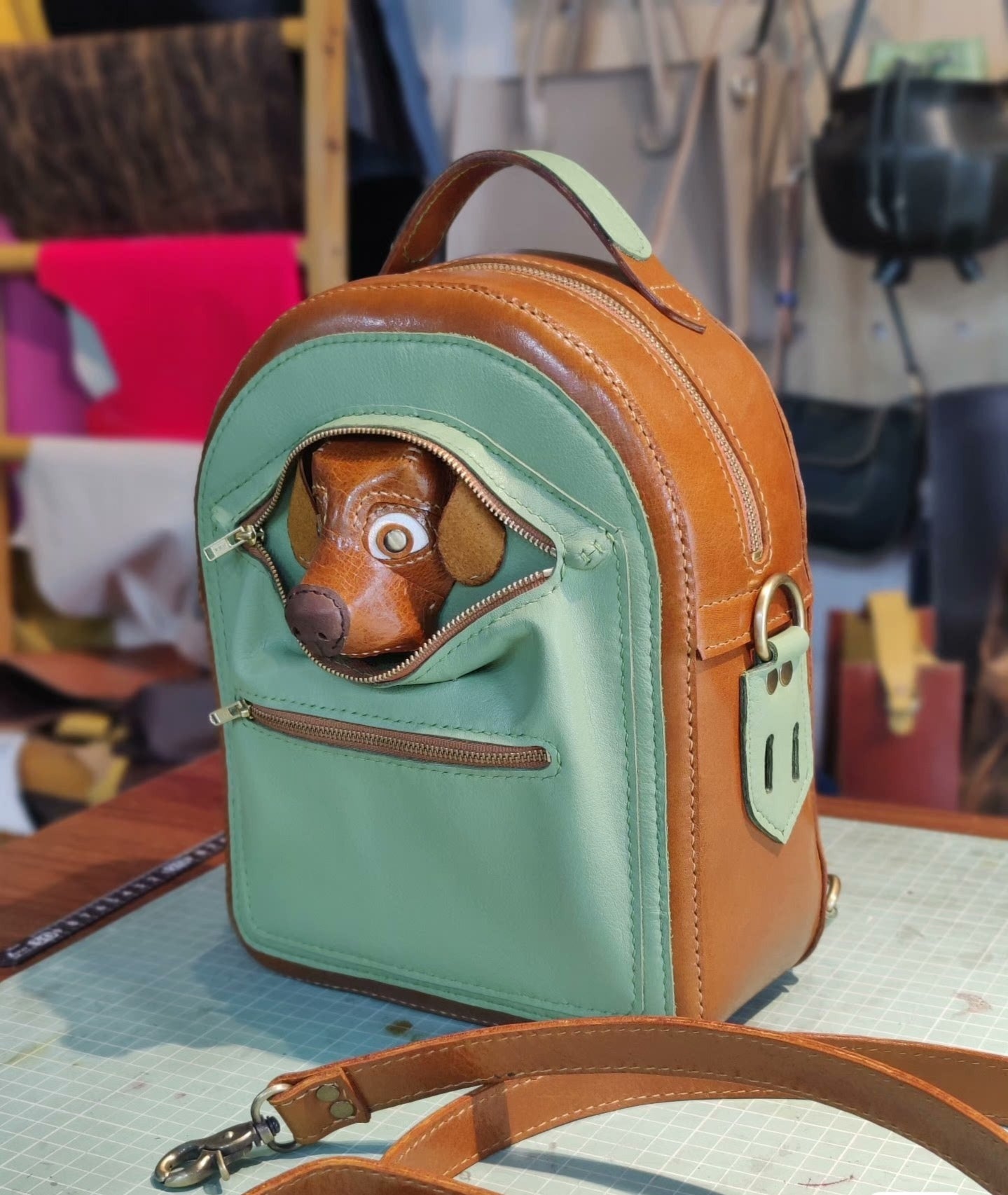 Handmade genuine leather dog backpack