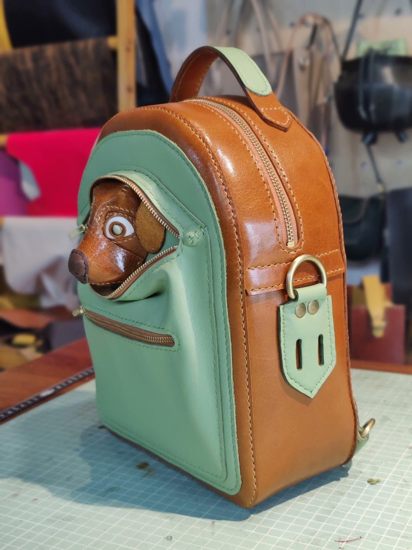 Handmade genuine leather dog backpack