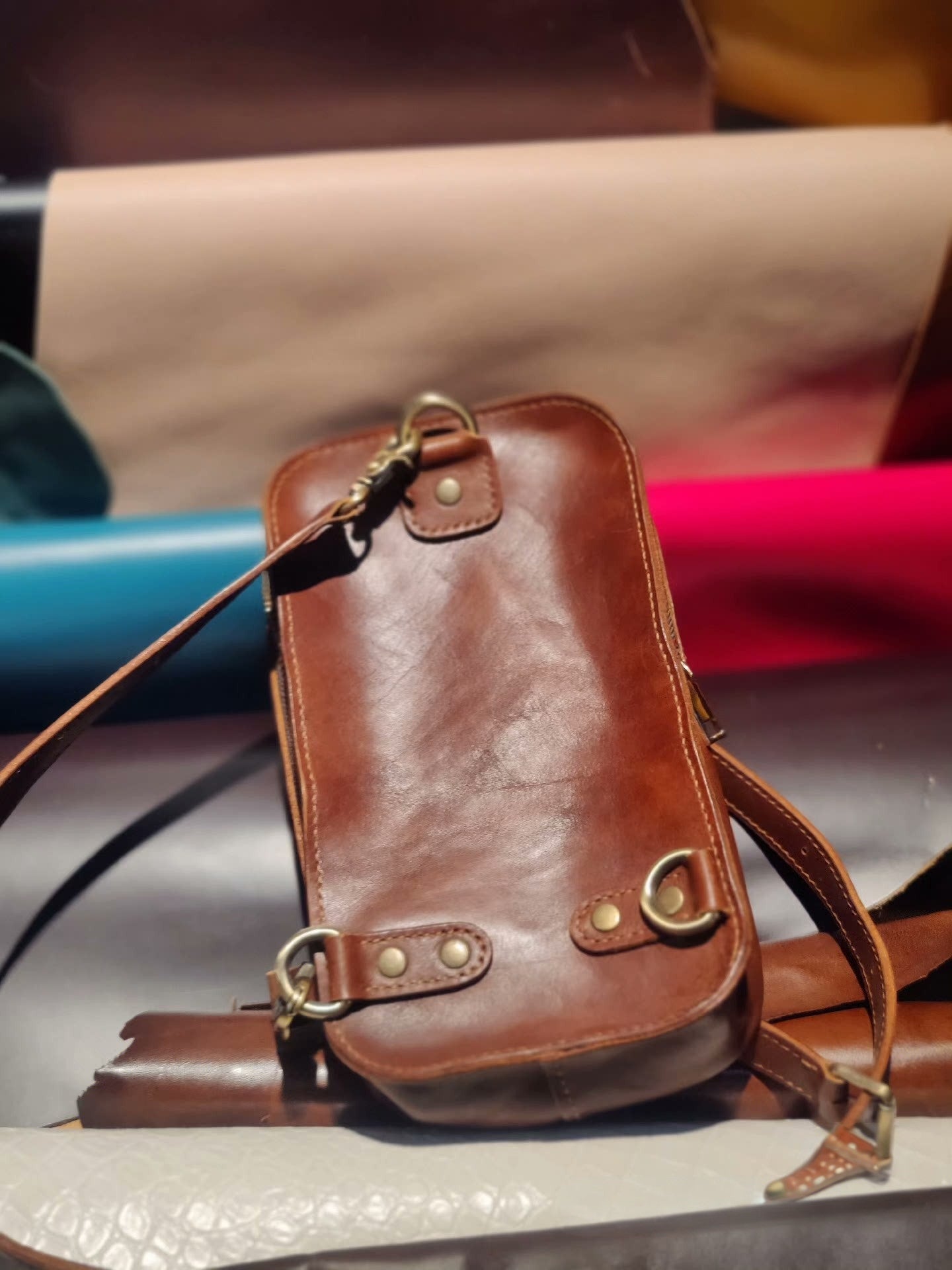 Handmade leather cute tiger chest bag