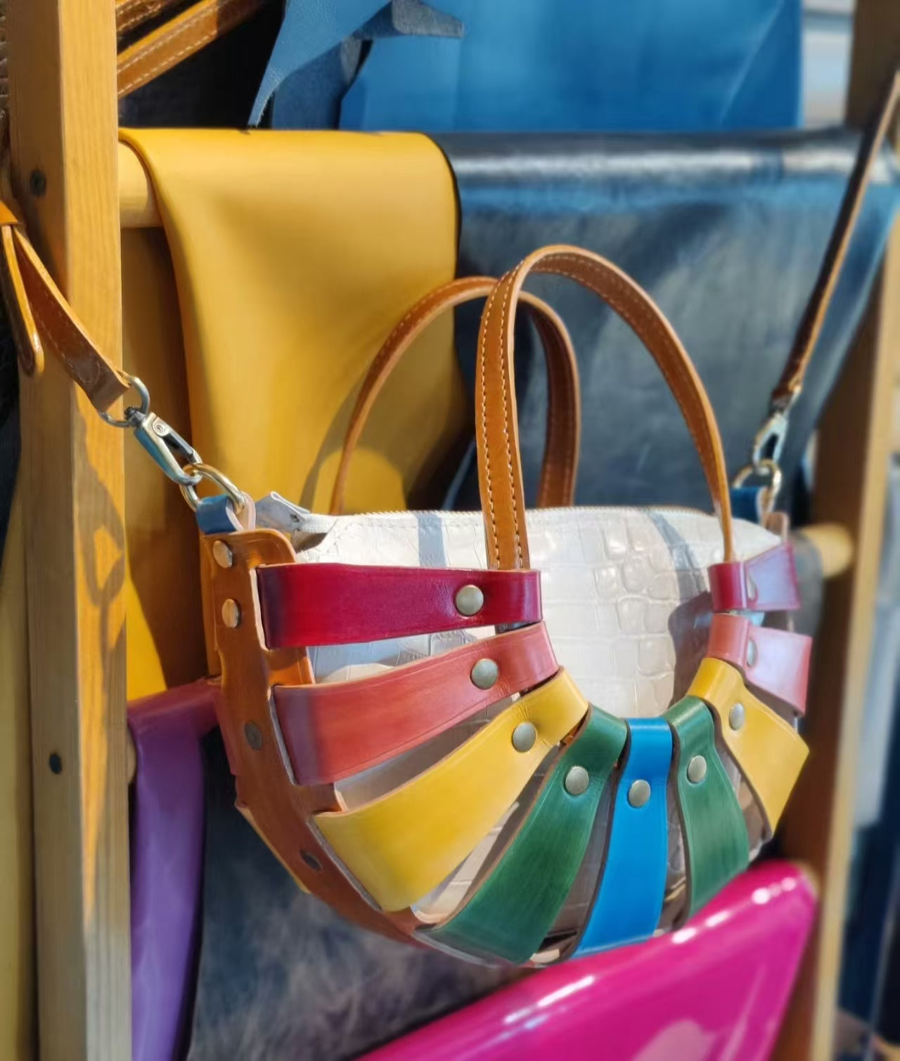 Handmade Leather Colorful Basket Crossbody Bag
