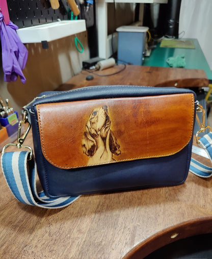 Handmade leather pyrography dog pattern bag