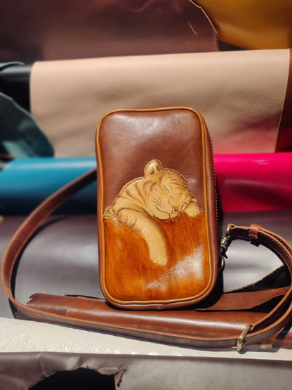 Handmade leather cute tiger chest bag