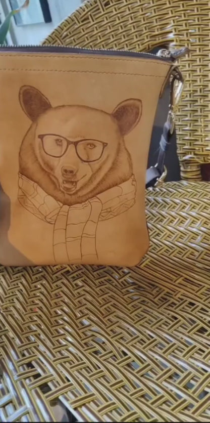 Handmade leather bear pyrography shoulder bag